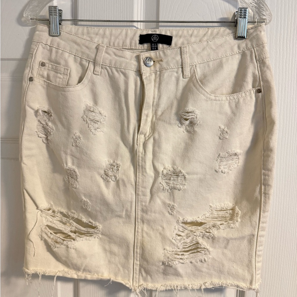 Distressed Cream Denim Skirt